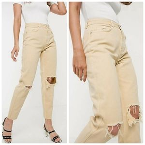 NWT Pale Yellow Ripped High Rise Mom Jeans-Size 4